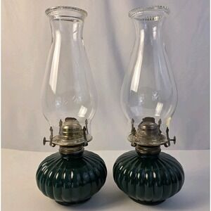 Lot Of 2 Lamplight Farms Model 330 Green Kerosene Wide Ribbed Oil Lamp w/ Shades
